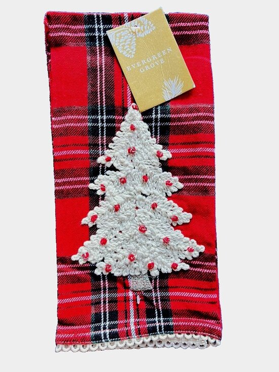 TARTAN PLAID CHRISTMAS Tree Dish Kitchen Towel Set of 2 Embroidered 20" x 28 - Picture 1 of 8